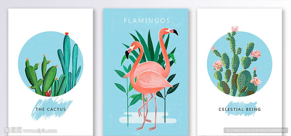 简约手绘植物盆栽火烈鸟装饰画