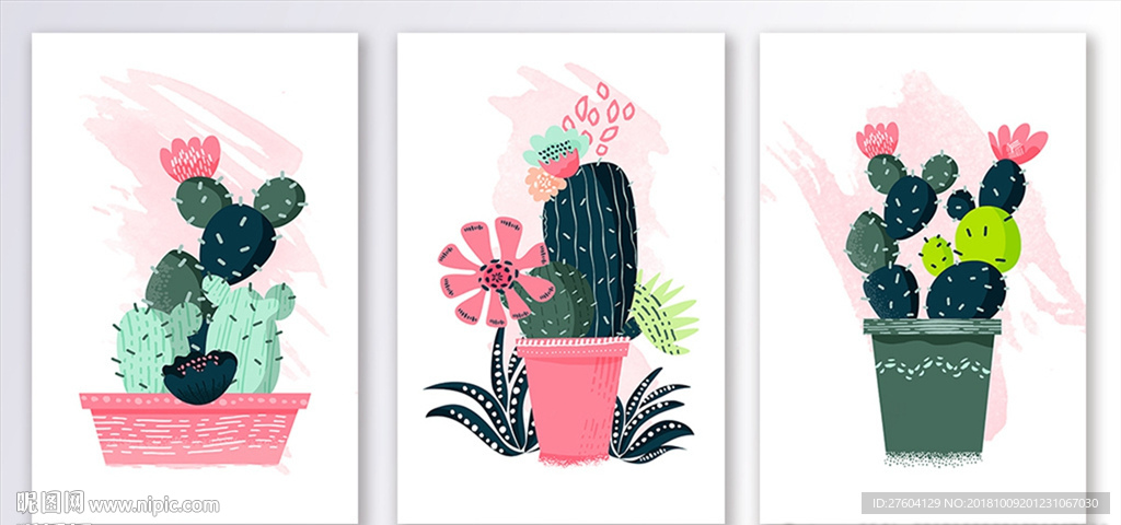 手绘彩色植物盆栽装饰画