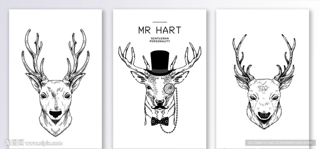 黑白简约复古麋鹿装饰画