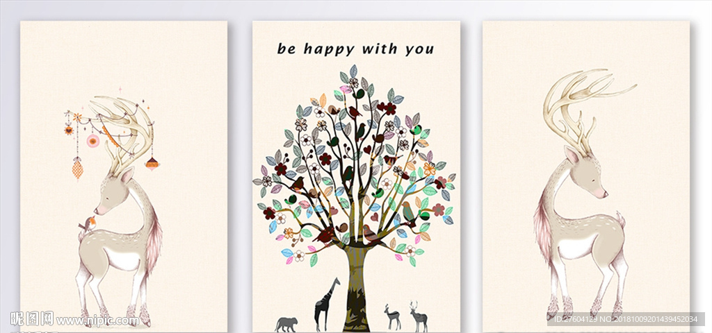 简约麋鹿三联装饰画