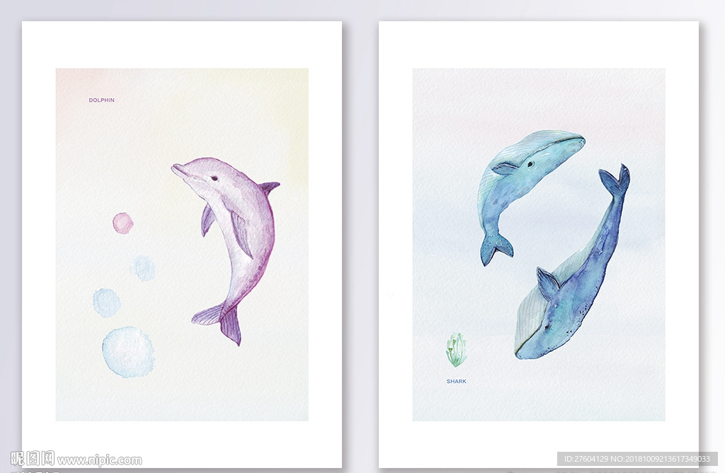北欧海洋生物海豚鲨鱼装饰画