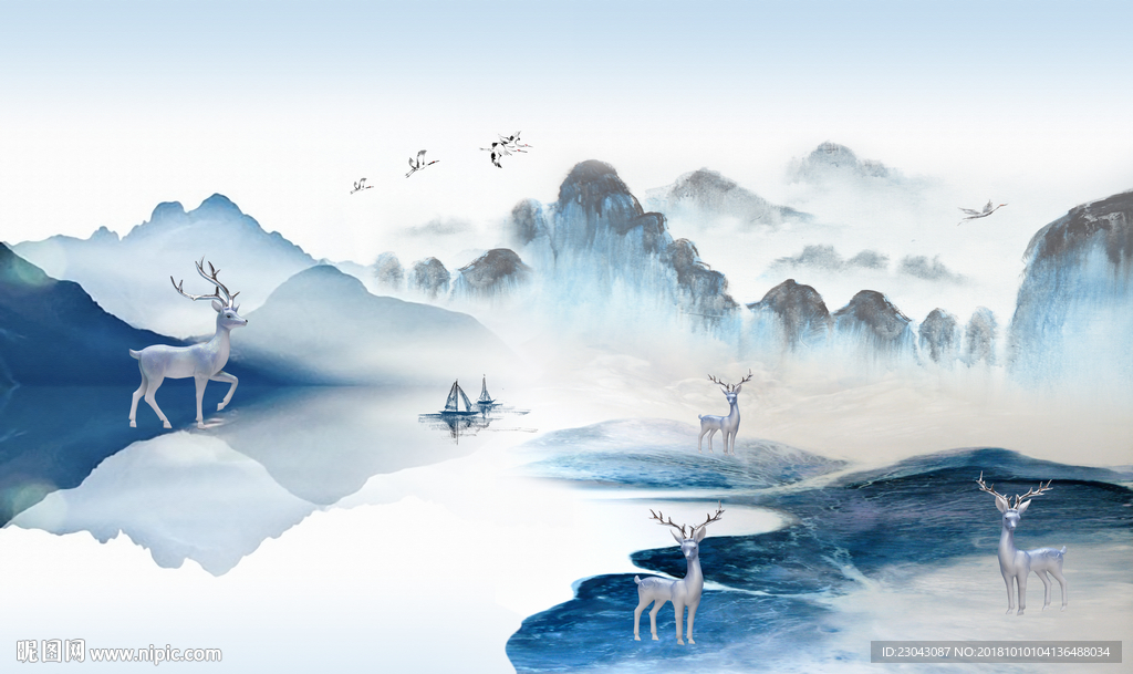 新中式山水麋鹿背景墙