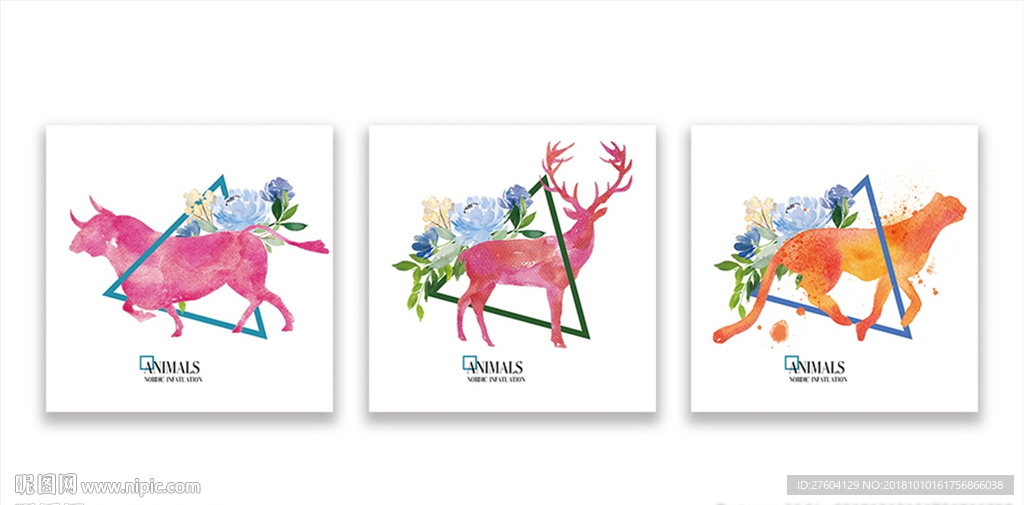 清新动物客厅书房三联装饰画