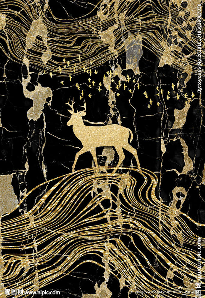 欧式黑金大理石抽象鹿装饰画