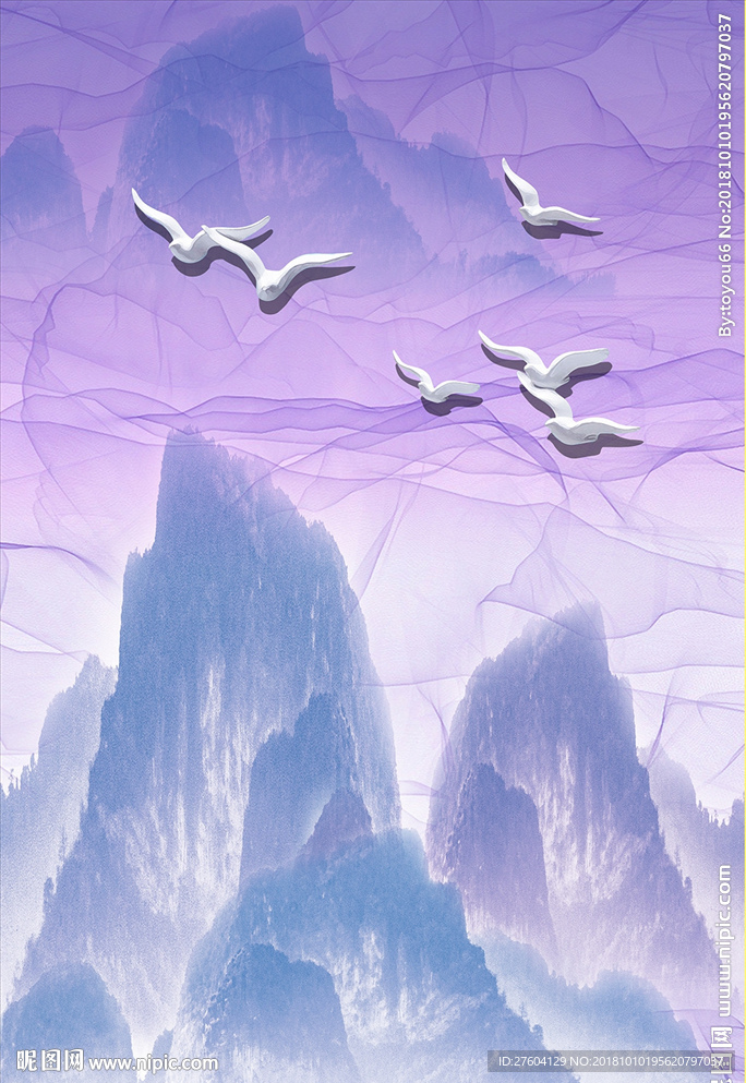 中国风紫蓝色山浮雕飞鸟装饰画