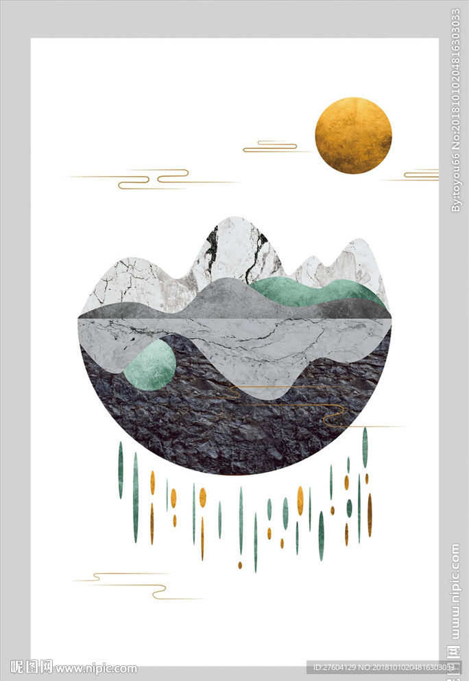 中式手绘抽象山金箔太阳装饰画