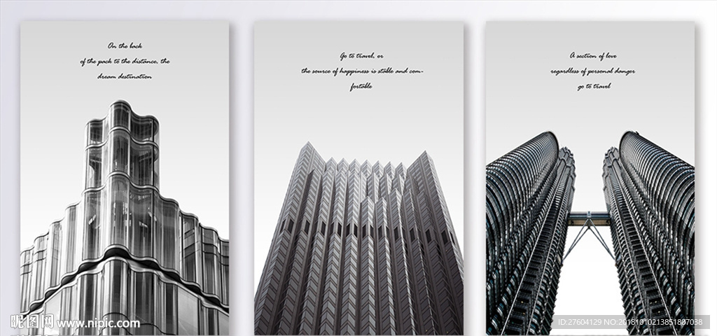 现代简约工装黑白建筑三联装饰画