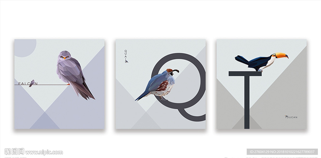 清新三联花鸟动物装饰画