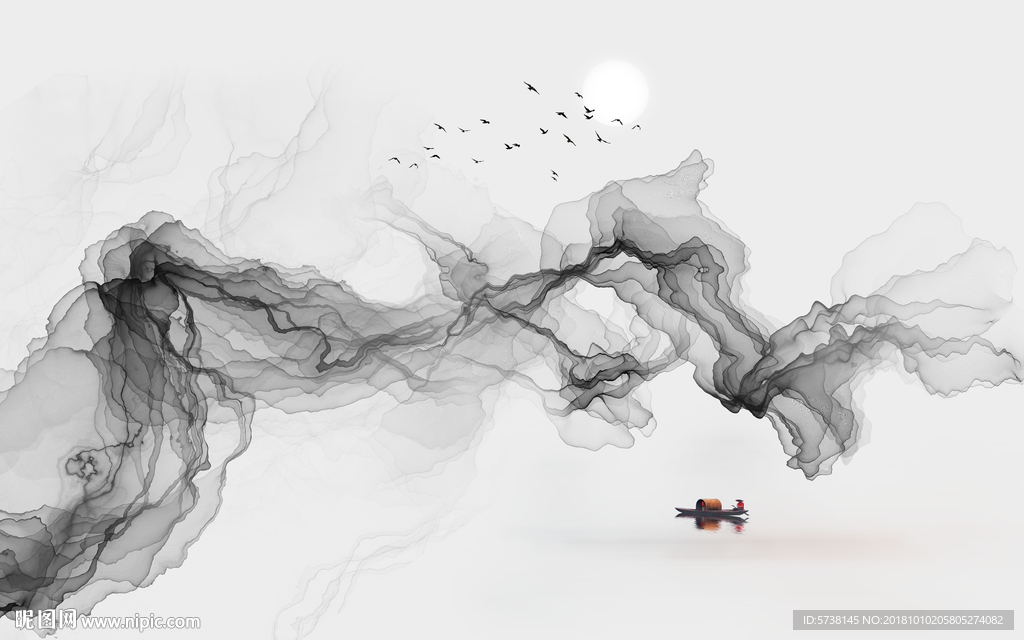 水墨线条创意新中式玄关屏风背景