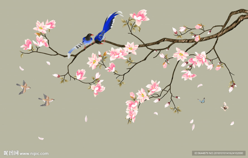 新中式手绘玉兰工笔花鸟背景墙