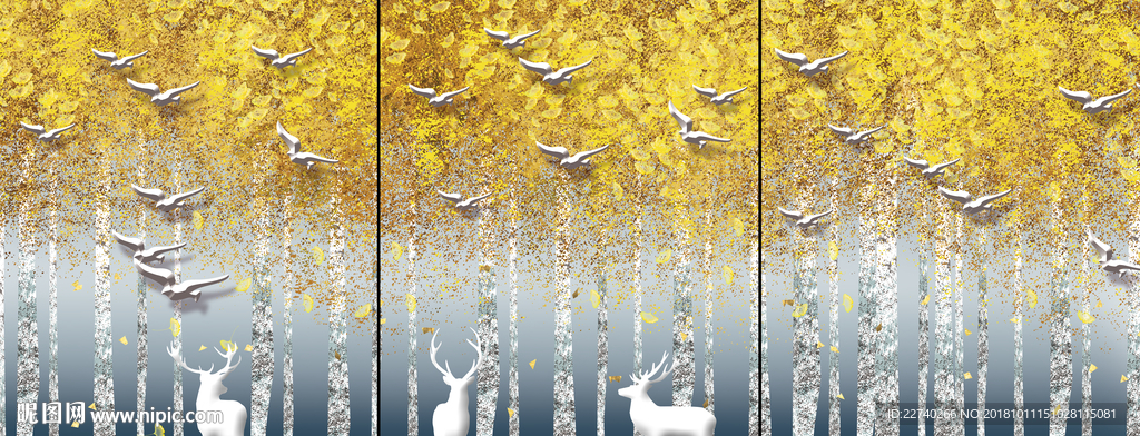 北欧麋鹿森林金色装饰画三联画