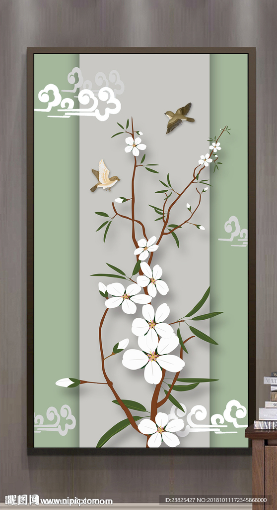新中式手绘花鸟玄关背景墙