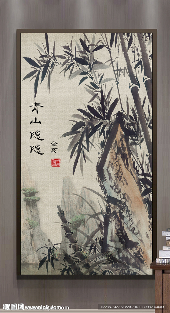 新中式水墨山水竹子玄关背景墙