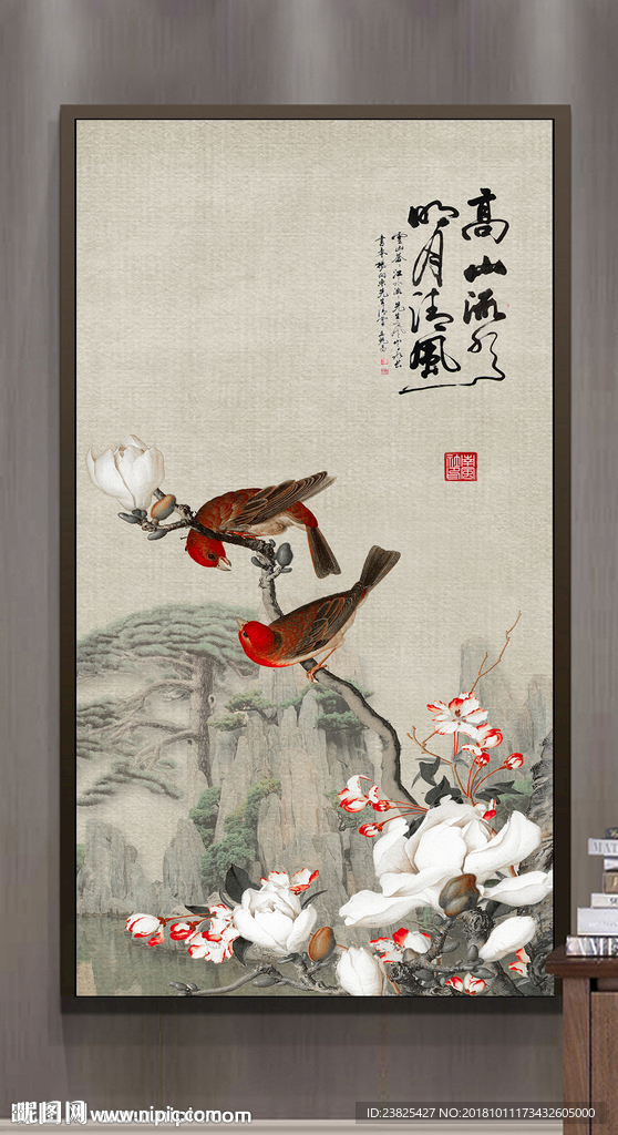 新中式手绘工笔花鸟玄关背景墙