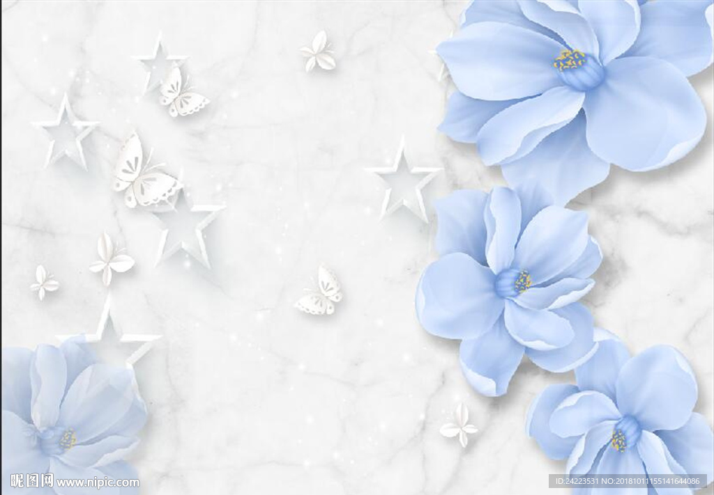 3d立体花朵蓝色花卉蝴蝶背景墙