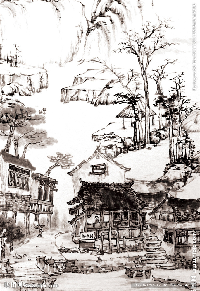 水墨乡村山水装饰画