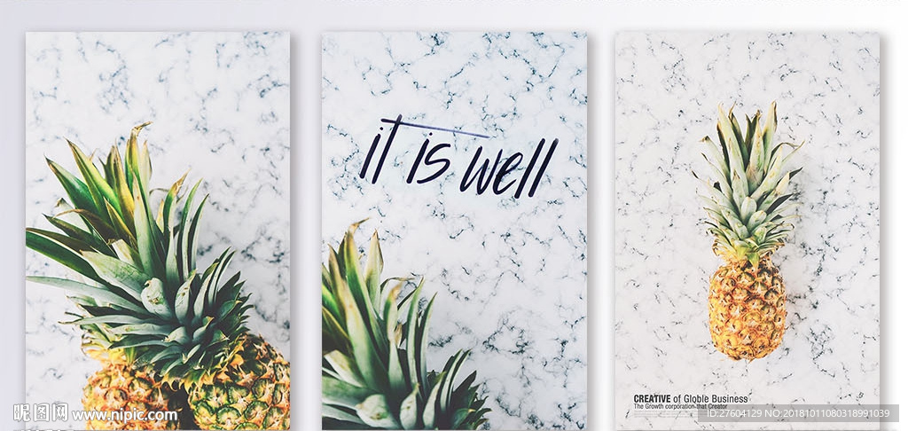 大理石纹理菠萝三联装饰画