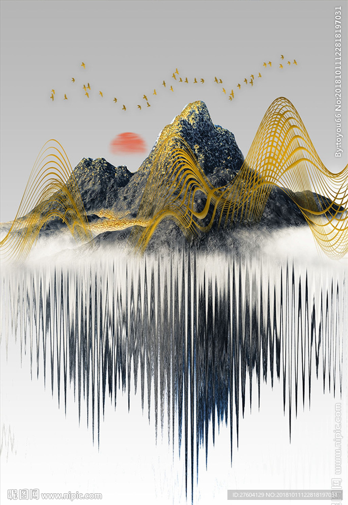 中式唯美抽象线条山川飞鸟装饰画