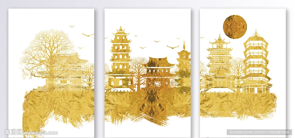 抽象金色剪影古风建筑装饰画