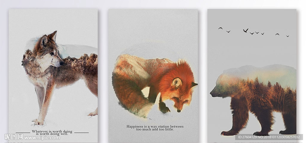 动物剪影风景三联装饰画