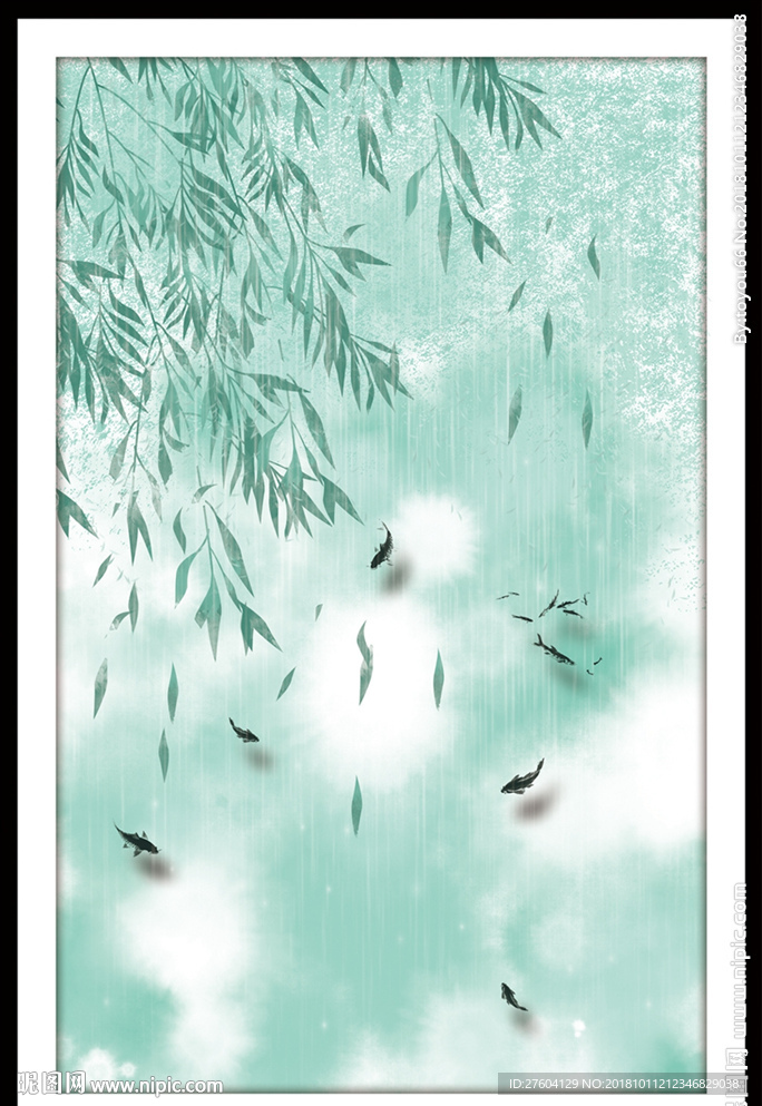 中国风淡彩水墨游鱼装饰画