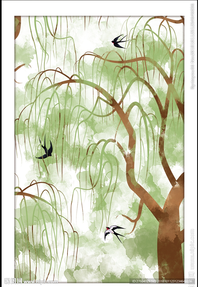 手绘中国风柳树风景装饰画