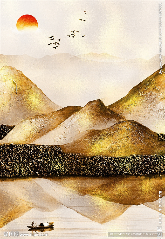 中式金箔山水风景飞鸟装饰画