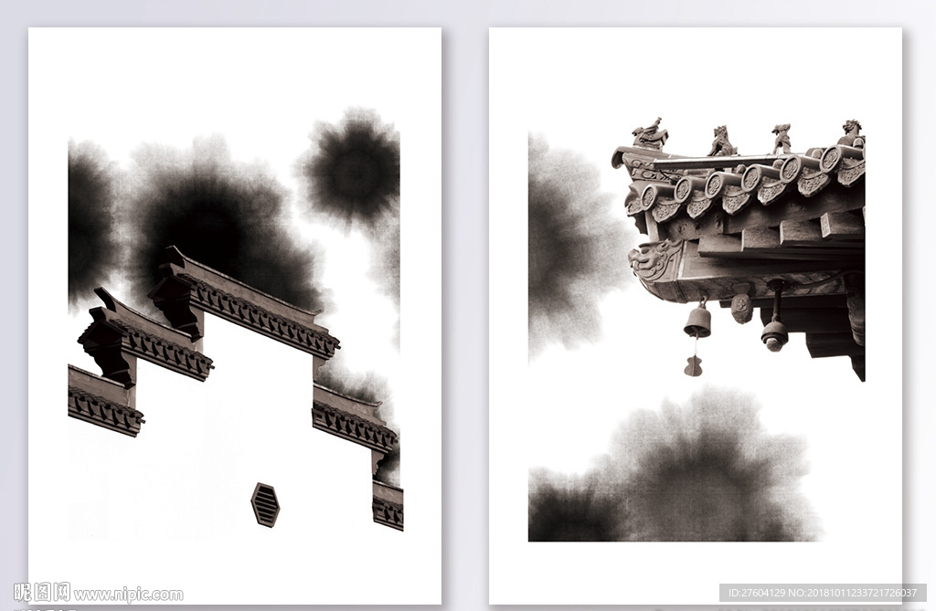 中国风建筑泼墨装饰画