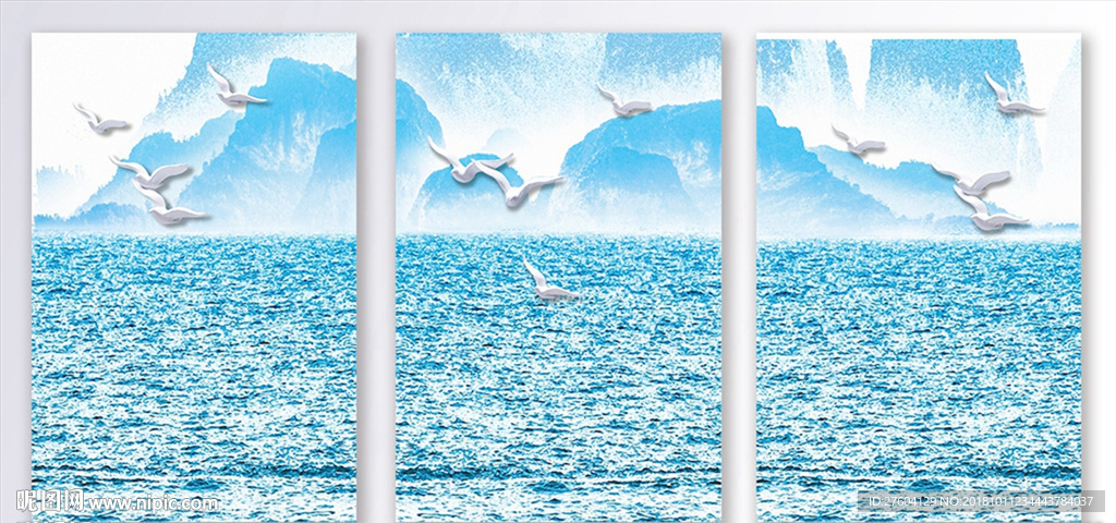 中式水蓝色山水浮雕海鸥装饰画