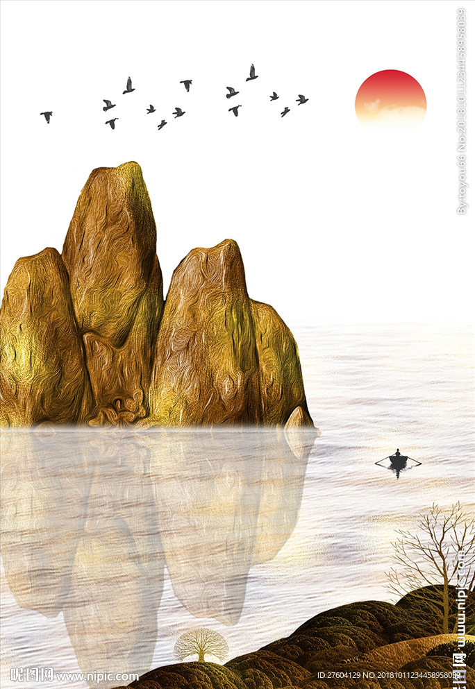 中式金色山水飞鸟风景装饰画