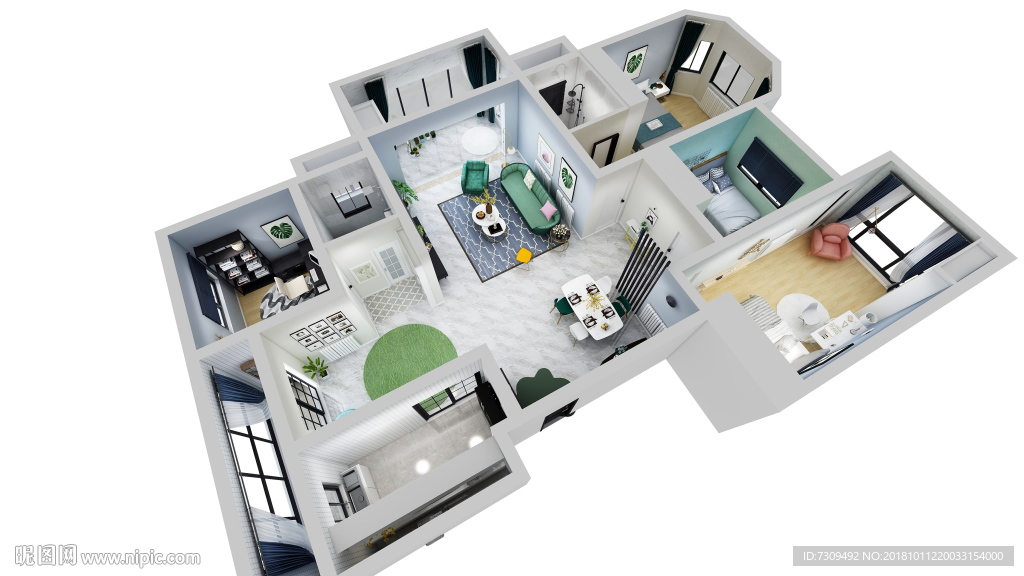 北欧风格家装四室二厅户型效果图