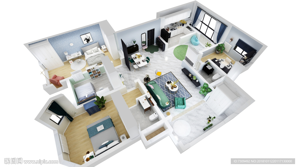 简约北欧风房子四居室户型效果图