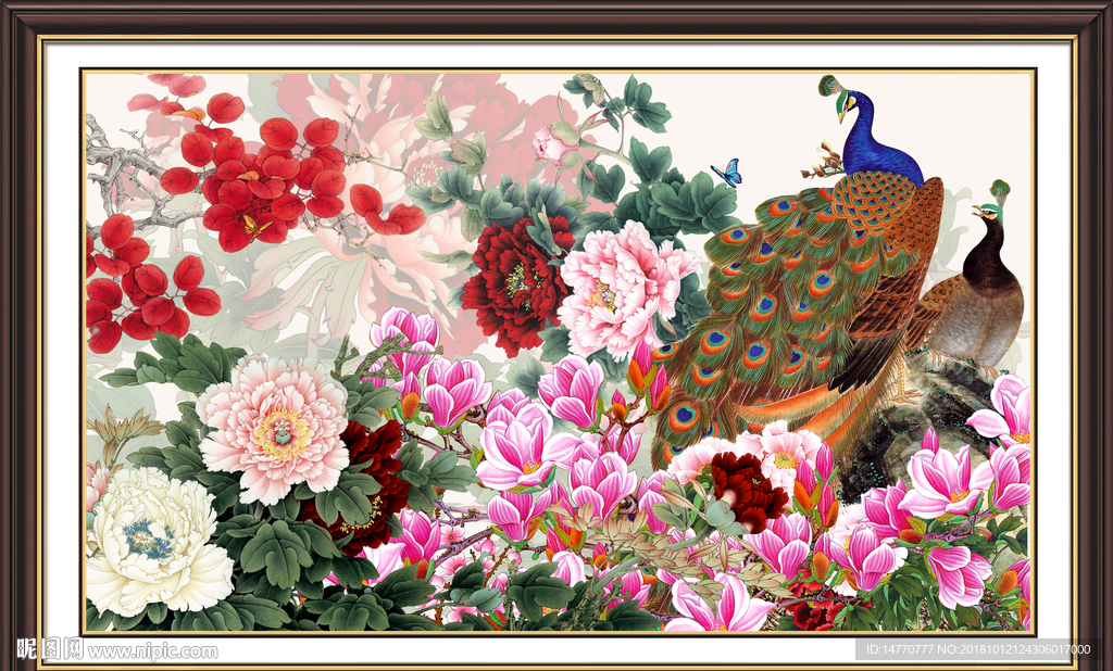 花开富贵孔雀图