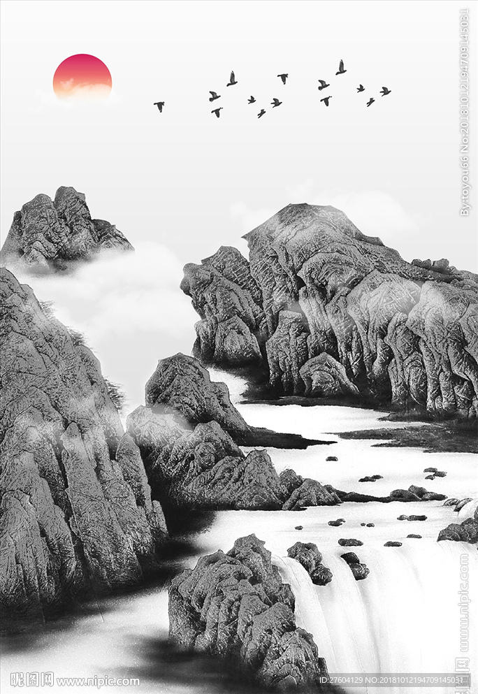 中式山水飞鸟唯美装饰画