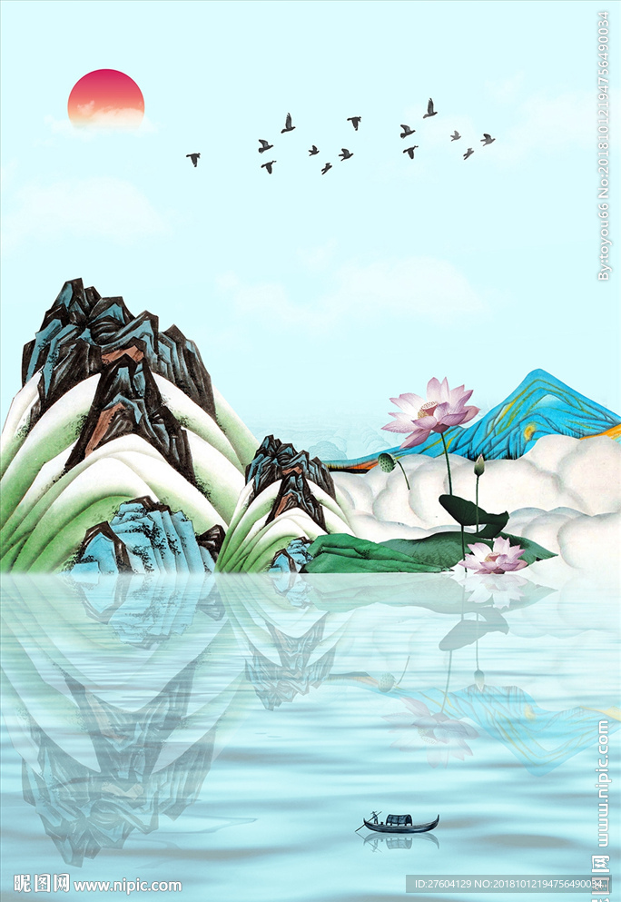 中式山水风景飞鸟装饰画