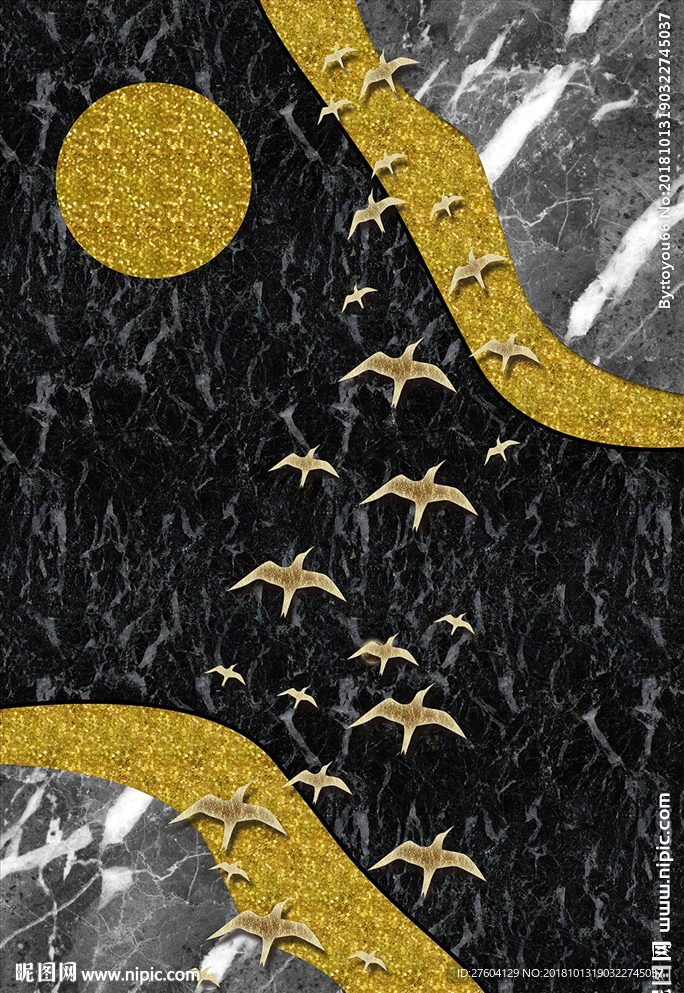 中式抽象线条意境飞鸟金色装饰画