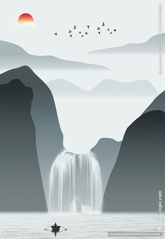 中式意境水墨山水流水生财装饰画