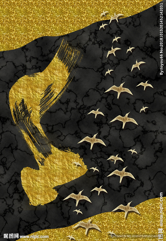 现代抽象金色飞鸟装饰画