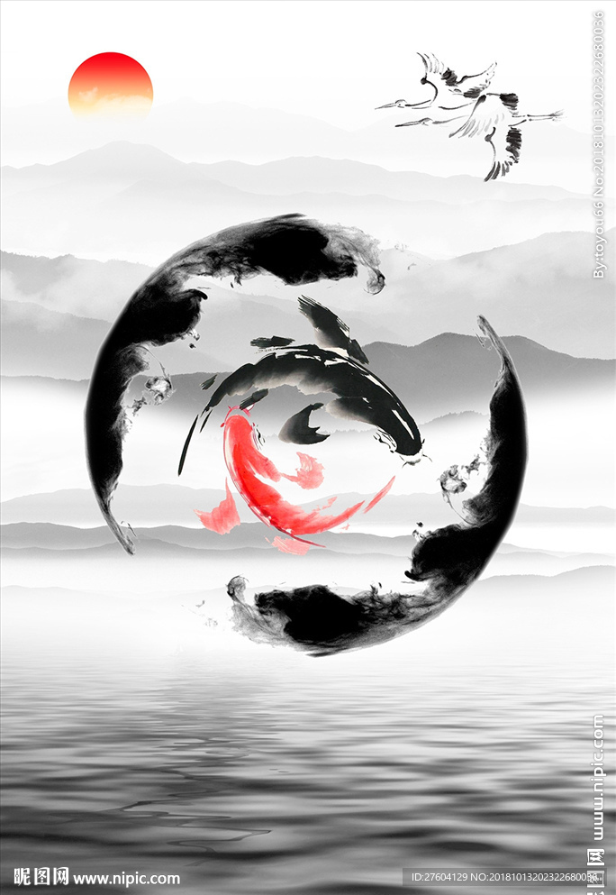 新中式水墨鲤鱼禅意装饰画