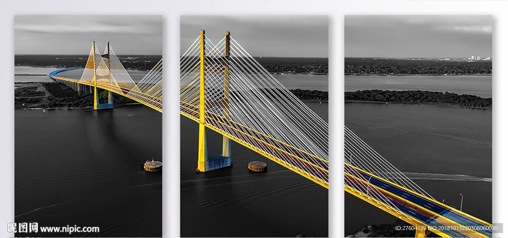 北欧风黑白黄吊桥唯美三联装饰画