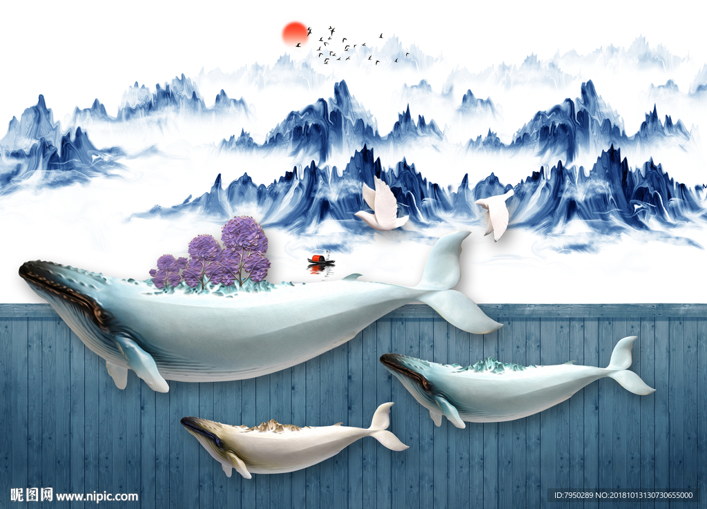 北欧海豚背景墙