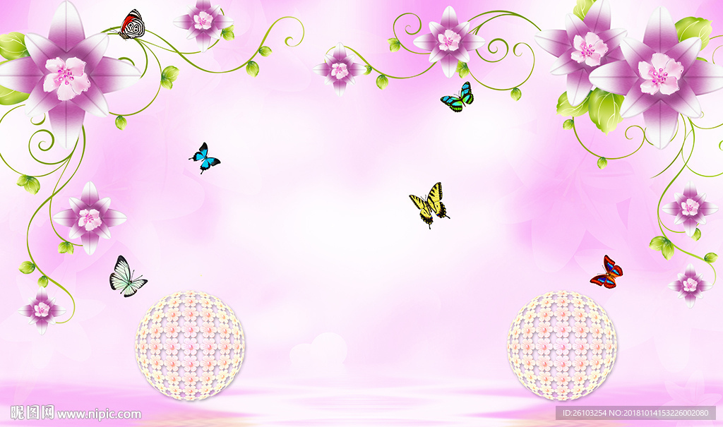 现代花卉花球蝴蝶电视背景墙