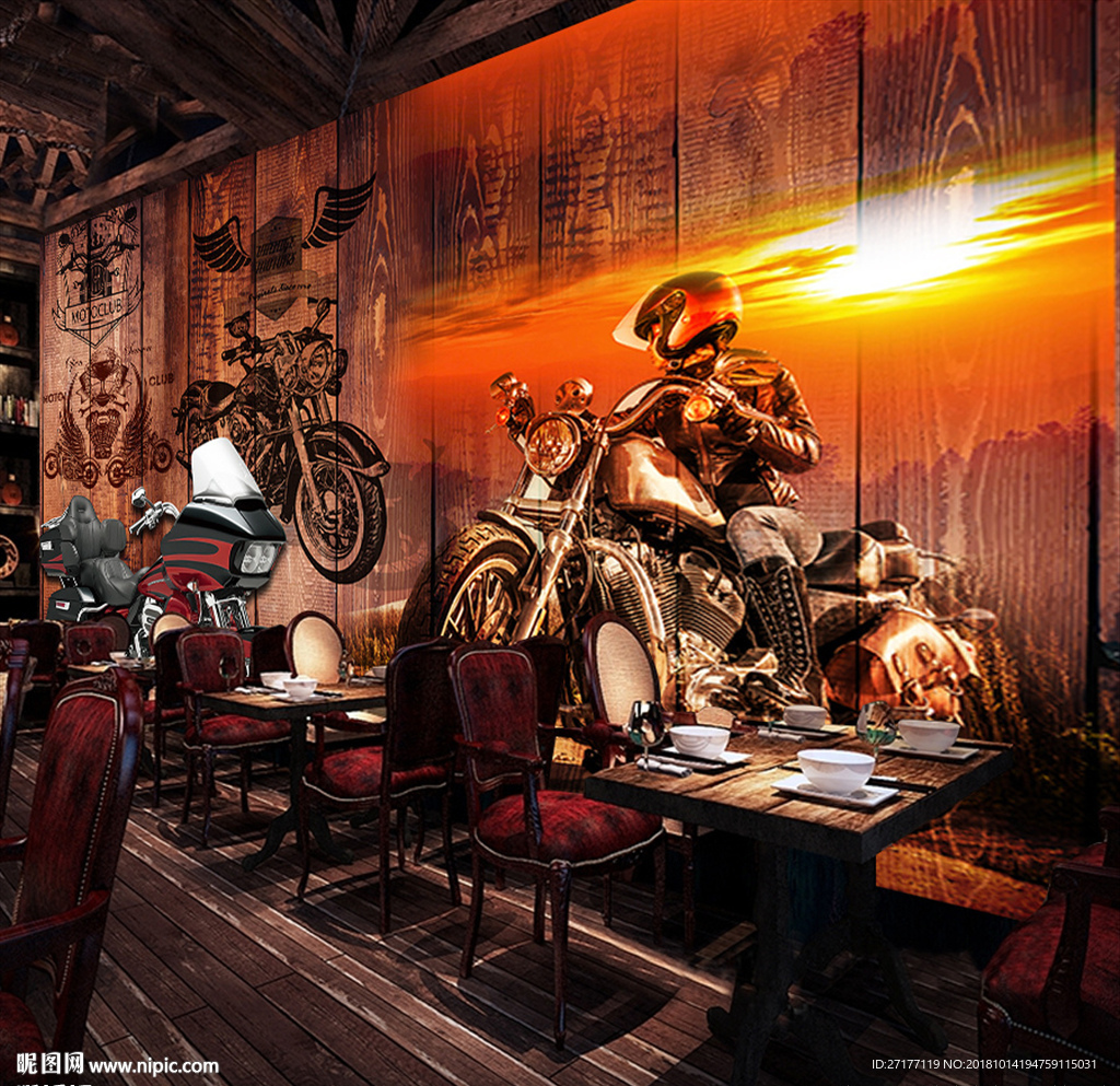 摩托车复古风餐厅背景墙