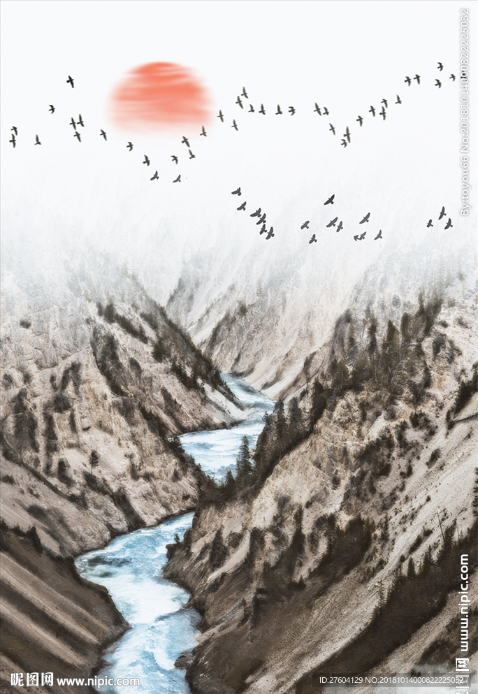 中国风高山流水水彩装饰画