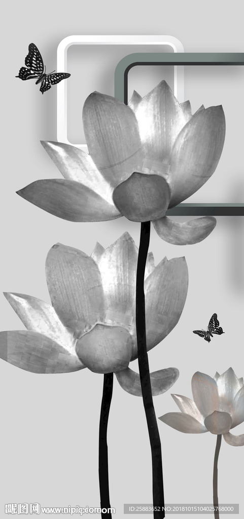 黑白莲花3D时尚玄关背景