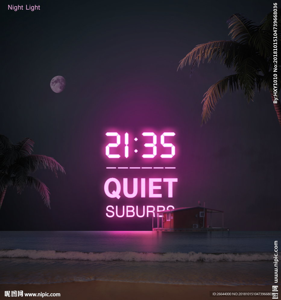海边小屋夜景霓虹灯效果天气时间