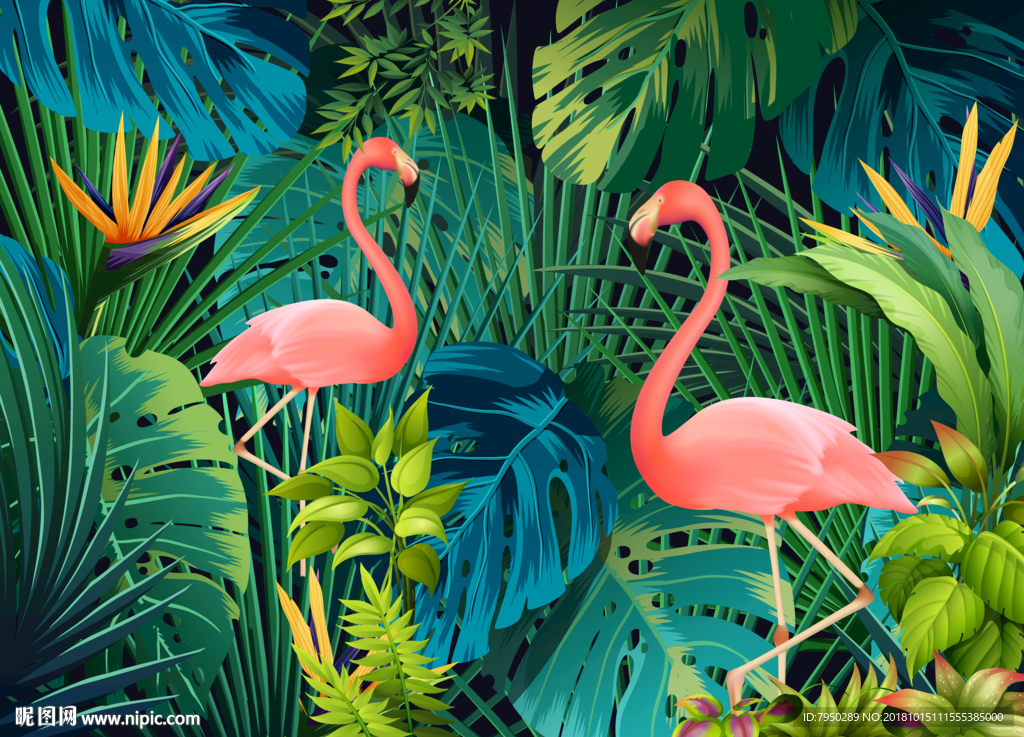 热带雨林火烈鸟墙绘图片