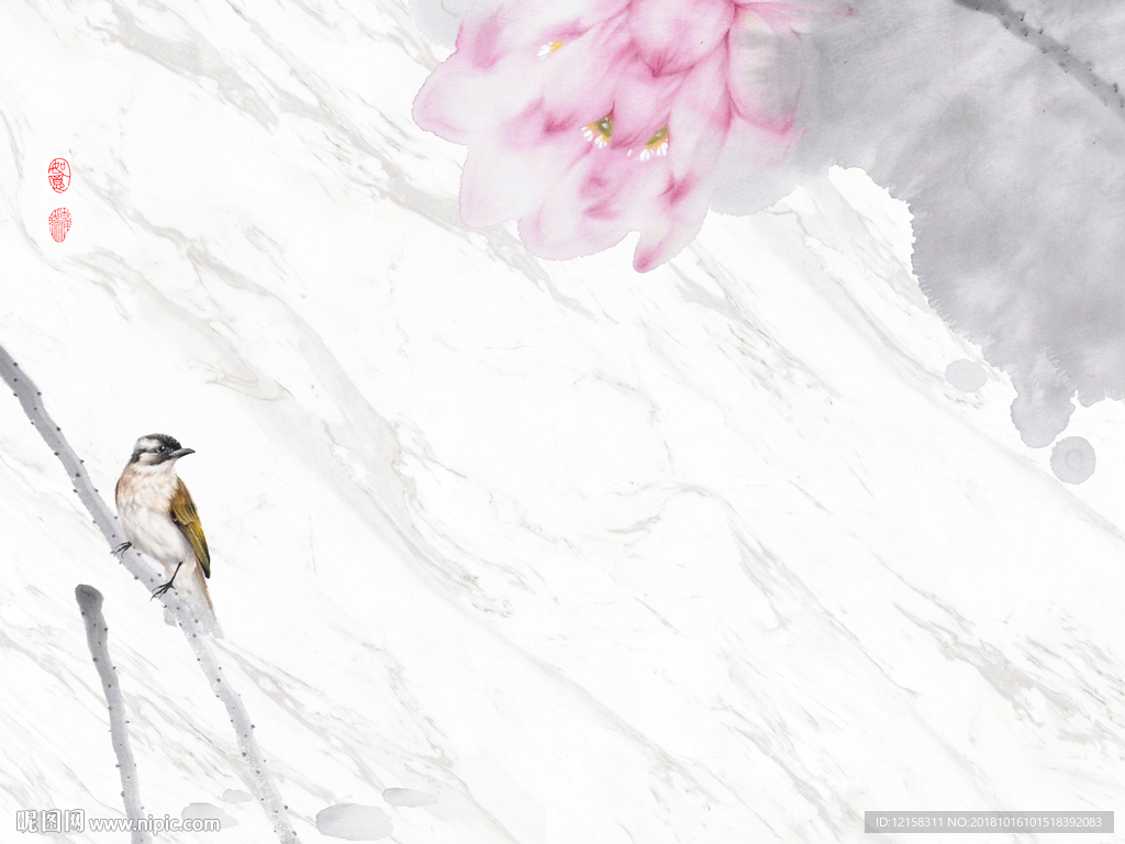 荷花鸟 荷花石纹