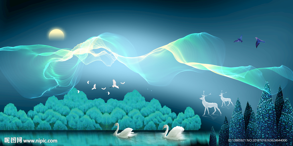 原创风景抽象山水麋鹿天鹅晶瓷画