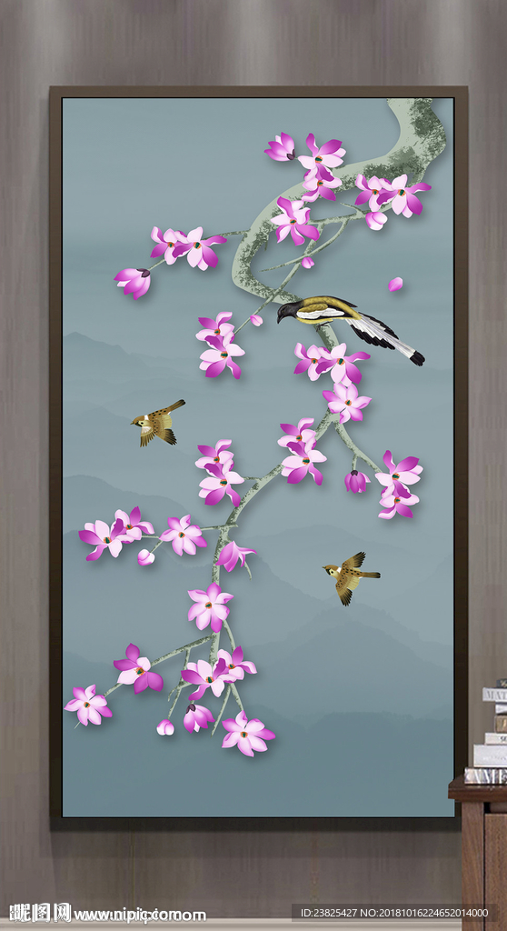 新中式手绘玉兰花鸟山水玄关背景